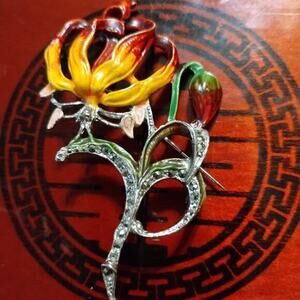 Vintage BJL Enamel Marcasite Brooch, Yellow Red Green Flower Estate Lapel Pin